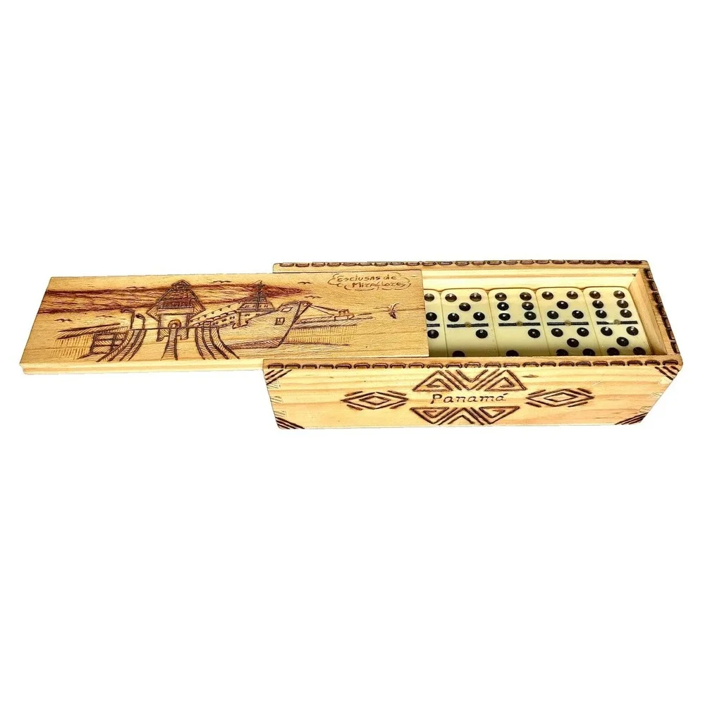 Vintage Panama Miraflores Locks Wood Carved Box Double Six Dominoes Set Spinner